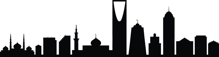 Black silhouette of Riyadh city skyline with mosque domes and minarets