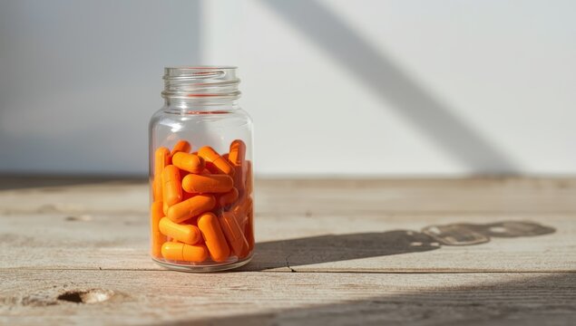 Transparent bottle with orange pills on a wooden table against a white backdrop.jpeg