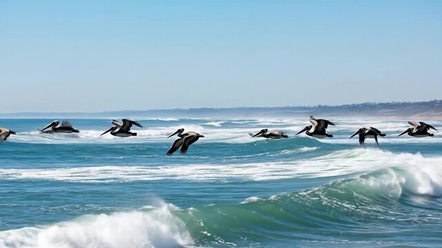 Pelicans flying low over ocean waves seamless loop