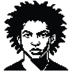 Pixel Art 1-Bit Young Man with Afro Hair Face Portrait Avatar