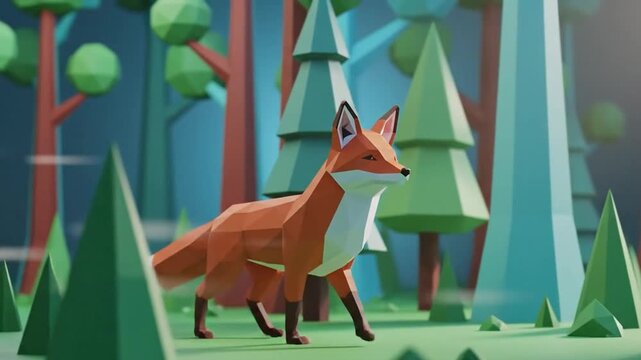 Low-poly fox standing in geometric forest 3D render