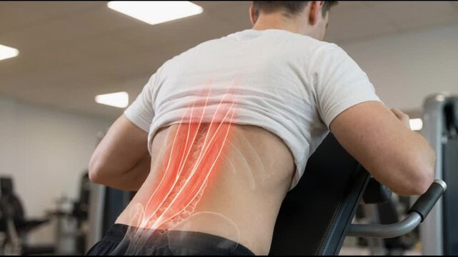 Man Exercising on a Back Extension Bench with Lumbar Spine Muscles Highlighted in Red Showing Strain