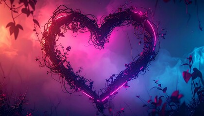 A glowing neon heart entwined with vines, framed by foliage and smoky atmosphere