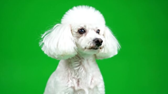 A white poodle with a pompadour hairstyle looks to the side against a green backdrop