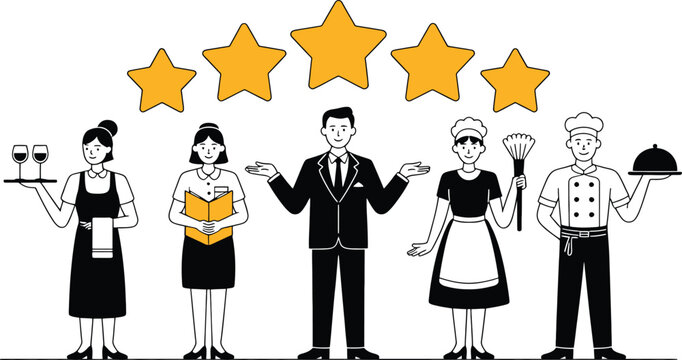 Five star restaurant service team with waiter chef and staff five stars