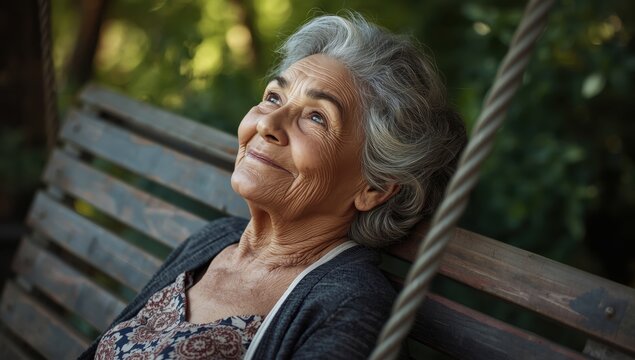 tractive elderly woman reflecting on her life while resting on a porch swing outdoors.jpeg
