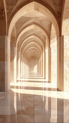 Long archway corridor with sunlight & shadows, warm stone architecture