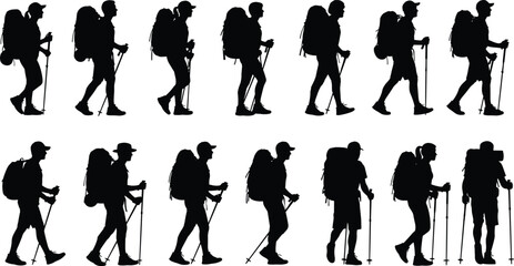 Obraz premium Hiking and trekking people silhouettes set with backpacks and walking poles, outdoor adventure travelers walking sequence, black vector illustrations isolated on white background