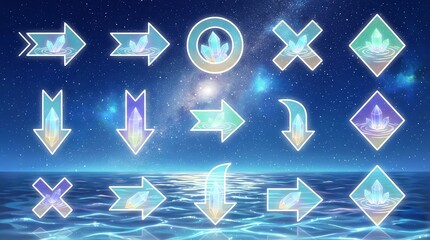 星空と海と水晶をイメージした矢印アイコンセット