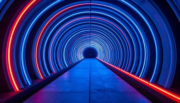 Abstract background. The arrangement of blue round tubes illuminated with red neon light, fade in perspective, creating a tunnel effect. 