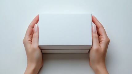 Female hands hold lid of box, and box isolated on white background