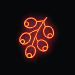 Obraz premium Bright neon icon of a coffee branch with beans glowing on a black background