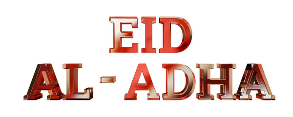 EID Mubarak AL Adha 3d text dispersion glass text render, elegant golden red islamic text typography isolated
