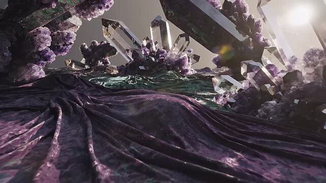A futuristic spaceship crash lands on a mysterious purple planet with lush vegetation and rocky terrain in a dramatic landscape scene.