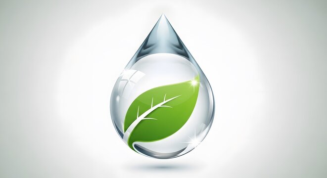 Fresh green leaf inside a pure water drop on a clean background, symbolizing nature, purity, and environmental care.