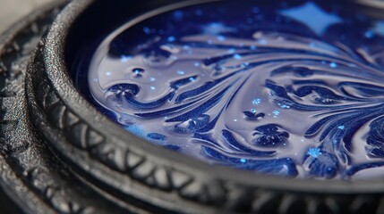 Macro Shot of a Decorative Round Tray Containing Swirling Royal Blue Resin with Glittering Accents on Black Ornate Frame Creating Mesmerizing Abstract Patterns