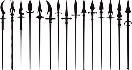 Large collection of ancient spear and polearm silhouettes featuring various historical weapon designs for medieval combat and warrior illustrations.