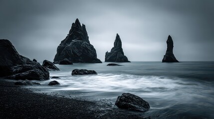 Mystical Black Sand Beach with Basalt Columns in Iceland Dramatic Sky Moody Lighting Long Exposure Seascape of Rocky Shoreline and Volcanic Formations