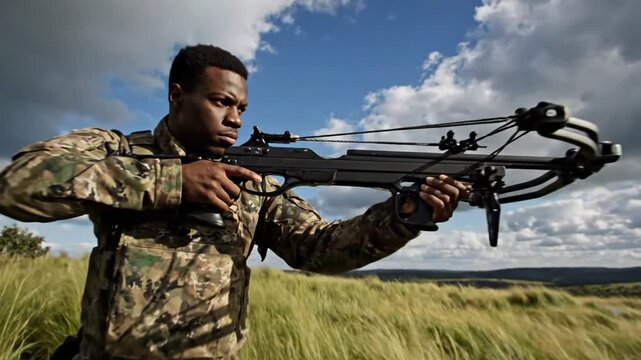 Dynamic Hunter in Camouflage Aims Crossbow with Intense Focus Across Wild Grassy Landscape.