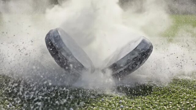 Intense slow motion abstract collision of unmarked football protective pads generating a cloud of chalk dust on the field turf during practice tension, abstract collision, protective pads