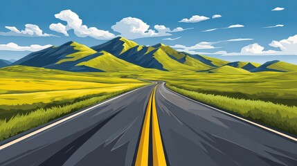 Pixelated Landscape View Of Asphalt Road Leading To Distant Green Mountains Under Bright Blue Sky With White Clouds In Rural Countryside