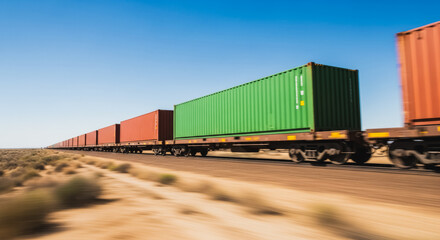 Obraz premium Motion blurred freight train moving fast across the desert, transporting long rows of green and red intermodal cargo containers on rail cars.