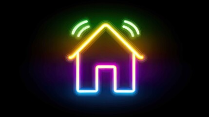 Colorful Neon House Icon with Glow Effect on Black Background