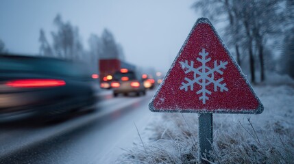 Red Snowflake Warning Sign on Frosty Winter Road with Blurred Cars in Snowy Landscape Cold Weather Conditions and Overcast Sky Alerting Drivers of Ice Risk