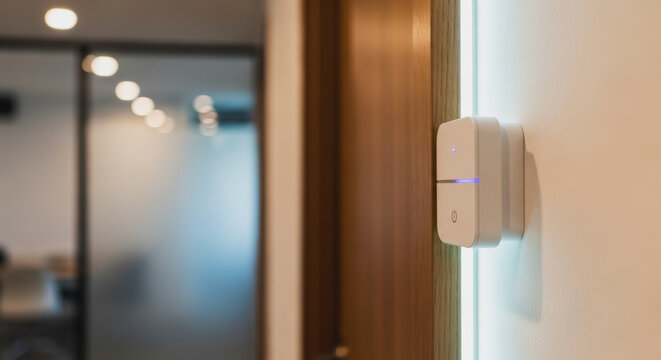 Modern Wireless Smart Dimmer or Remote Control Switch Mounted on Wall in Contemporary Office Interior, Highlighting Home Automation, IoT, and Energy Management Technology.