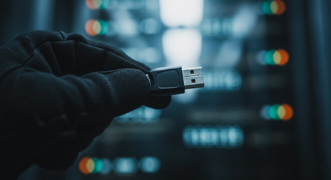 Cybersecurity Threat: Close-up of a hacker's gloved hand holding a USB flash drive, symbolizing data theft, espionage, unauthorized access, and breach in a dark data center environment.