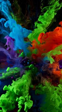 Dynamic Explosion of Vivid Colors Captured in Motion: A Beautiful Display of Fluid Art in Unpredictable Patterns Against a Black Background