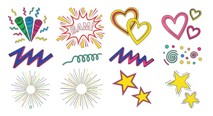 Obraz premium Vibrant colorful illustrations of hearts, stars, and squiggles decorate a festive digital artwork.