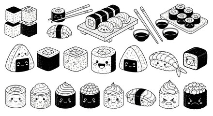 A variety of sushi rolls and pieces are arranged on plates with chopsticks. © Hussnain