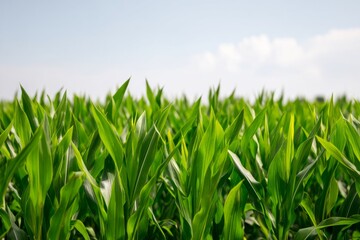 Obraz premium Lush Green Corn Field Under Clear Blue Sky Stretching Towards Horizon