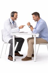 Obraz premium Doctor explaining to patient at desk pointing at smartwatch with blank screen full length side profile high key studio photo