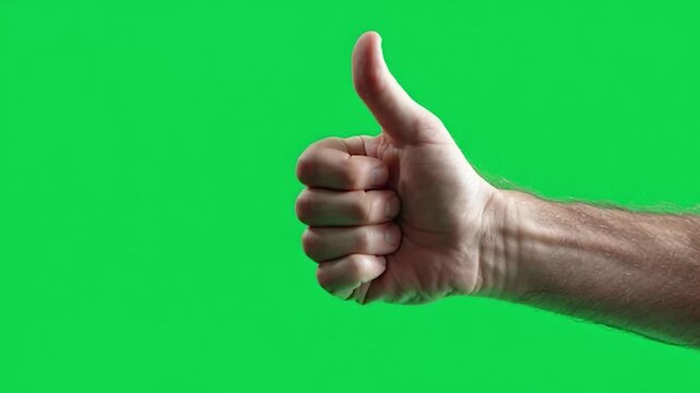 A male hand entering the frame from below and giving a thumbs up gesture with even studio lighting, isolated on plain Green screen chroma key