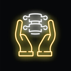 Neon medical icon of doctor's hands holding spinal column, symbolizing healthcare and spine protection
