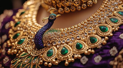 Indian traditional antique gold necklace with intricate peacock design, elegant ethnic jewelry for weddings and cultural celebrations
