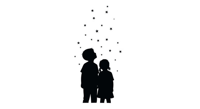 Silhouette of children looking up at stars in the night sky.