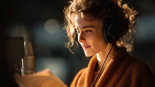 Captivating Audio Recording: A focused woman immersed in her work, wearing headphones and reading a script in a professional studio setting.