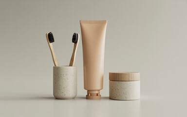 Naklejka premium Two Bamboo Toothbrushes in Speckled Holder with Cream Tube and Jar image photo