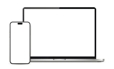 Modern laptop front view and smartphone mockup isolated on white background