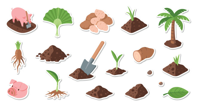 Isometric farming sticker collection showing a pig digging, potatoes, a palm tree, a shovel, and various stages of plant growth.
