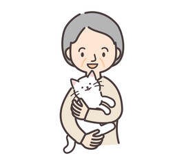 白い猫を抱っこするシニア女性のイラスト