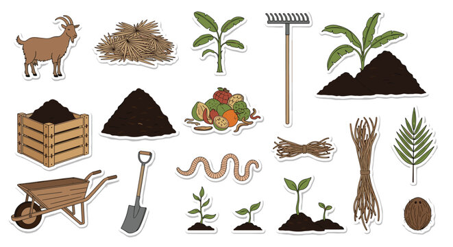 A comprehensive set of composting and organic gardening stickers, including a goat, compost bin, earthworms, and various plants.