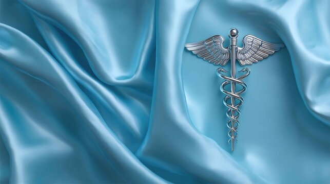 Medical Caducius Symbol on Soft Blue Satin Fabric Background
