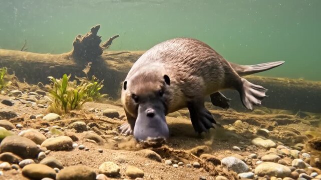 Platypus swimming underwater in river