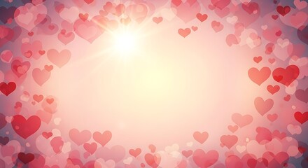 Pink heart shapes floating in soft golden sunlight with romantic bokeh background