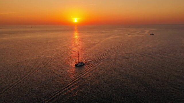 Aerial drone footage of fiery sunset over the Andaman Sea in Phuket, Thailand. Sailing catamarans move dynamically across glowing water with raised sails, creating a dramatic cinematic tropical view