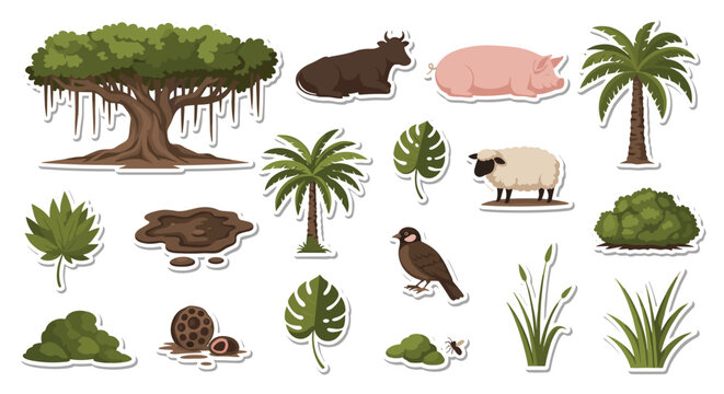 A diverse sticker set of jungle and farm animals with a large banyan tree, palm trees, and various tropical plants.